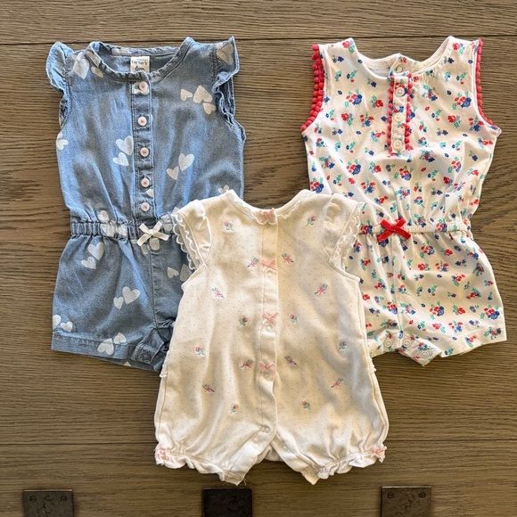 Adorable Girls Baby Romper Set - Blue, White, Floral. Set of Three - Picture 2 of 3
